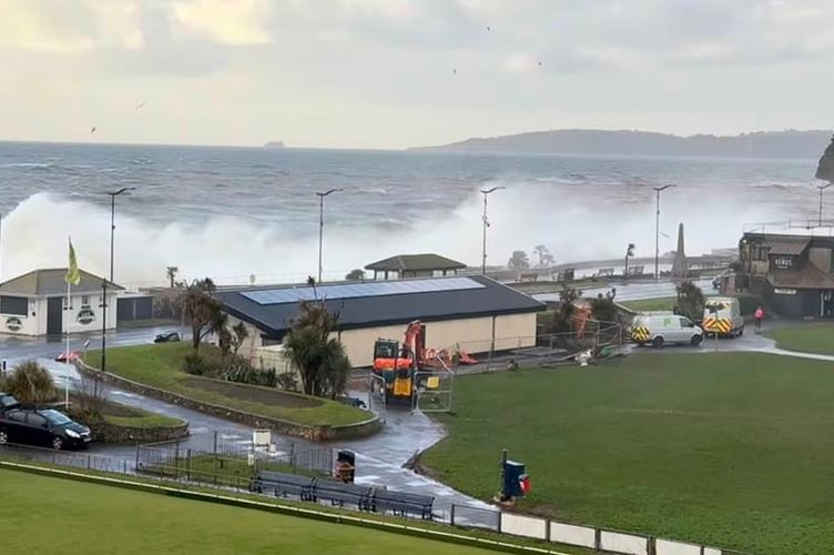 Waves crash over the Den as the forecast bad weather prompts the cancellation of Teignmouth Promenade parkrun (photo: Mike Slade)