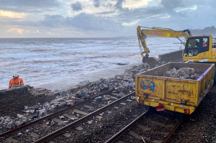Breached again. Running repairs to open the main rail line at Dawlish today. Photo MDA/StevePope