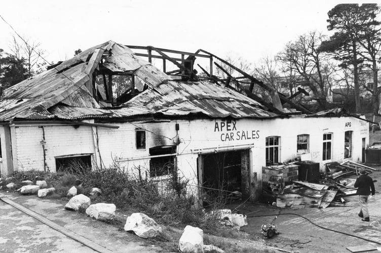 Aftermath of a fire at Apex Car Sales in Bovey Tracey from April 1986