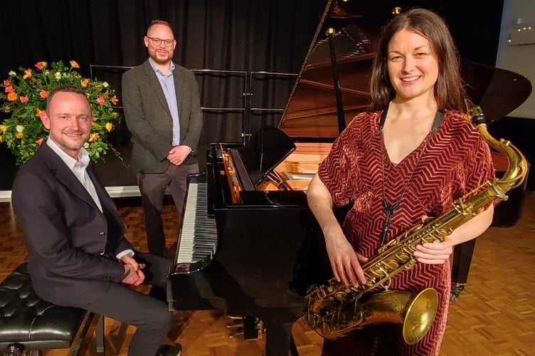 Trish Clowes and  Ross Stanley after their performance for NADSA concerts with Amos Nelson of sponsors Rathbones Investment Management