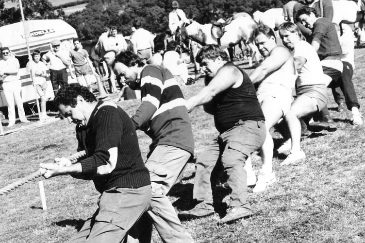 Take the strain - The Steps Bridge tug-of-war team learning the ropes at the 1987 Christow Show