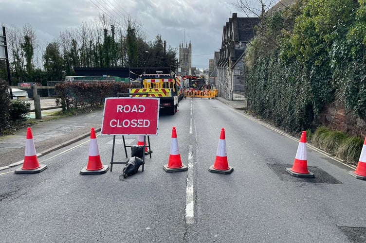 Dawlish Road in Teignmouth is closed due to work by South West Water. Photo Spotted Teignmouth 
