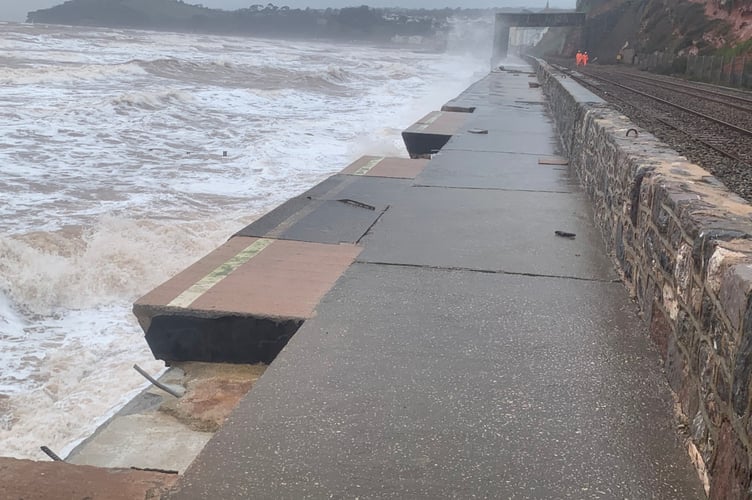 Storm damage to Dawlish sea wall footpath. Photo Souuth West Rail Resilience