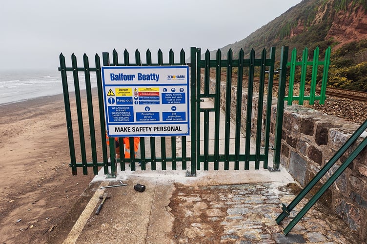 Gates in place to prevent access to the damaged sea wall at Dawlish. Photo South West Rail Resilience Programme 