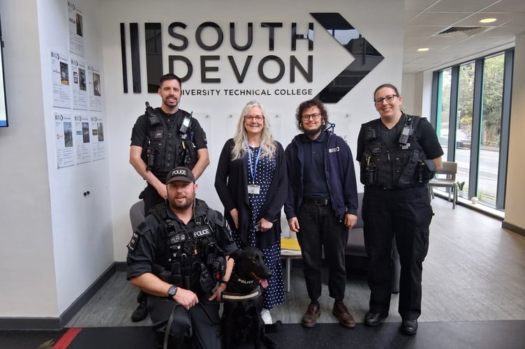 Passive drugs dog handler PC Steve Waters with Skye, alongside neighbourhood officers PC Jo Gilbrook and PC Claire Hurrell and South Devon UTC headteacher Claire Plumb. Photo contributed 