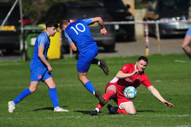 South Devon Football League Premier Division, Match action from Kingsteignton Athletic versus Ilsington Villa. A 1-0 home win for the Rams