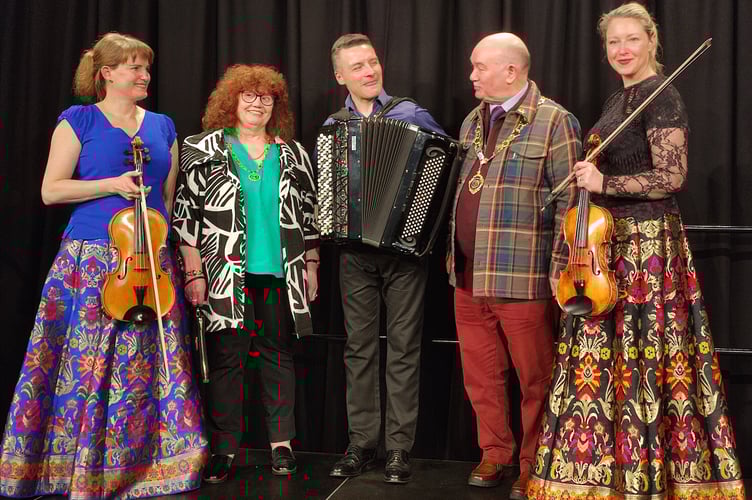 Kosmos after their performance for NADSA concerts with Newton Abbot mayor Cllr Colin Parker and mayoress Jean Parker