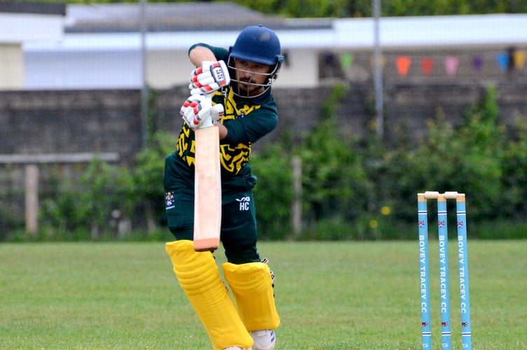 Bovey Tracey's Indian newcomer Hem Chetri on the way to a top score of 48 in the rain-ruined game against Budleigh Salterton