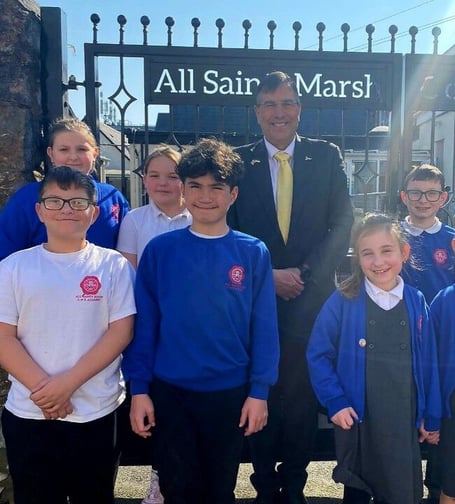 MP Martin Wrigley with pupils from All Saints Marsh C of E Academy. Photo contributed 