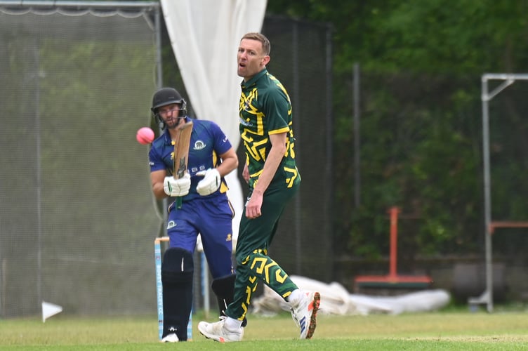 Devon Cricket League A Division, Bovey Tracey versus Kilmington.. Bovey bowler Rob Pryke watches a ball he's just bowled go sailing past him