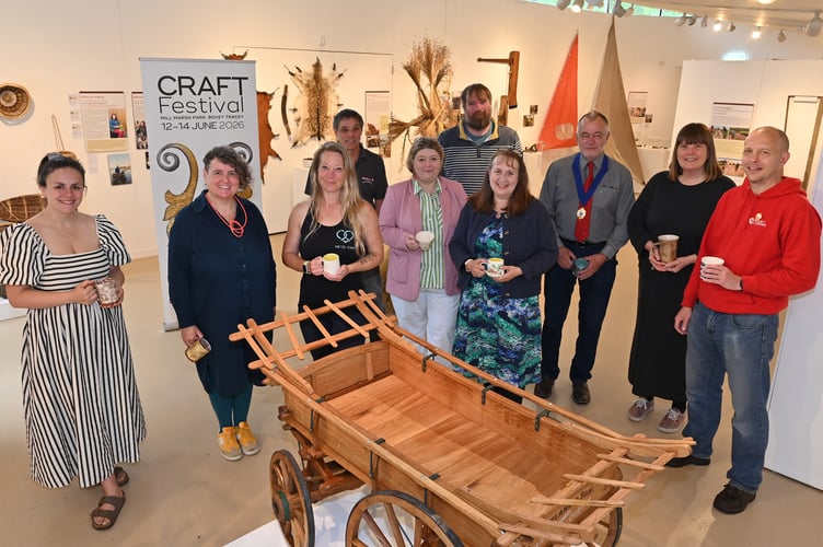 Launch of Craft Festival Bovey Tracey. From left:Ashleigh Wheaton, Sarah James MBE, Anna White (Pretzel Studios) Ray and Charlotte WIgnall, Steve Kones (Grace and Favour Homes), Cllr Lisa Robillard-Webb, deputy mayor Cllr Uli Arnold, Laura Wasley and Corin Burton (Bovey Larder/Business4Bovey.