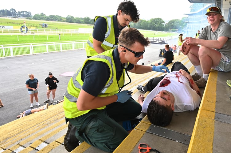 Simulated explosion and emergency response training exercise at Newton Abbot Racecourse