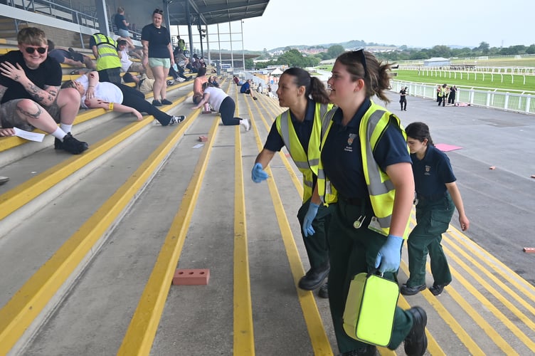 Simulated explosion and emergency response training exercise at Newton Abbot Racecourse