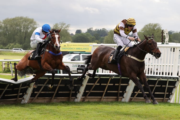 Allibaba leads Westerton over the final flight in the Cor Blimey Gallop Novices' Limited Handicap Hurdle