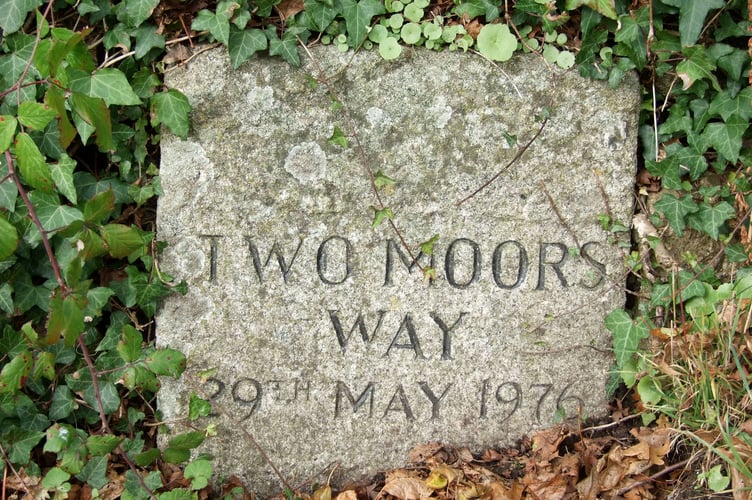 The stone indicating the original start of the Two Moors Way at Stowford Bridge.
