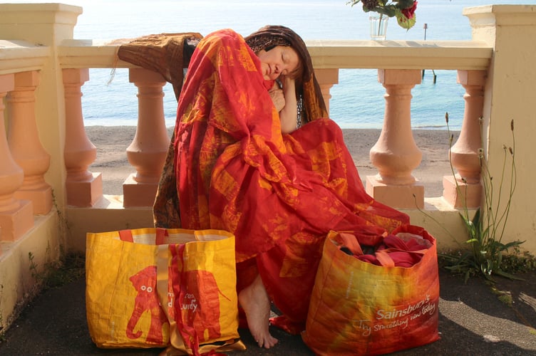Flaming June the Bag Lady by Anna Grayson - a pastiche of Frederic Lord Leighton's painting Flaming June