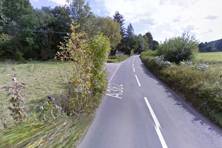 The A382 south of Moretonhampstead at fPepperdon Hall Lane