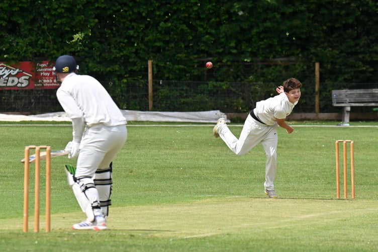 Devon Cricket League C Division West. Abbotskerswell versus Chudleigh. Abbot's bowler Harrison Vickery about to dismss Bradley Sercombe lbw