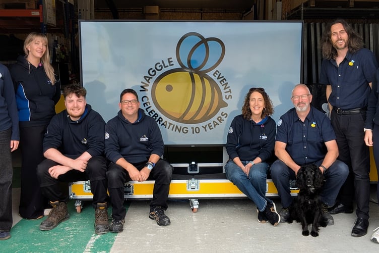 The Waggle Events team celebrate 10 year milestone. Hetty Watson, Zoe Atwill,
Jay Naldrett, Rob Watson, Claire Watson, Gid Foster-Turner, Matt Thomas, Eliza Watson and
George, the cocker spaniel.