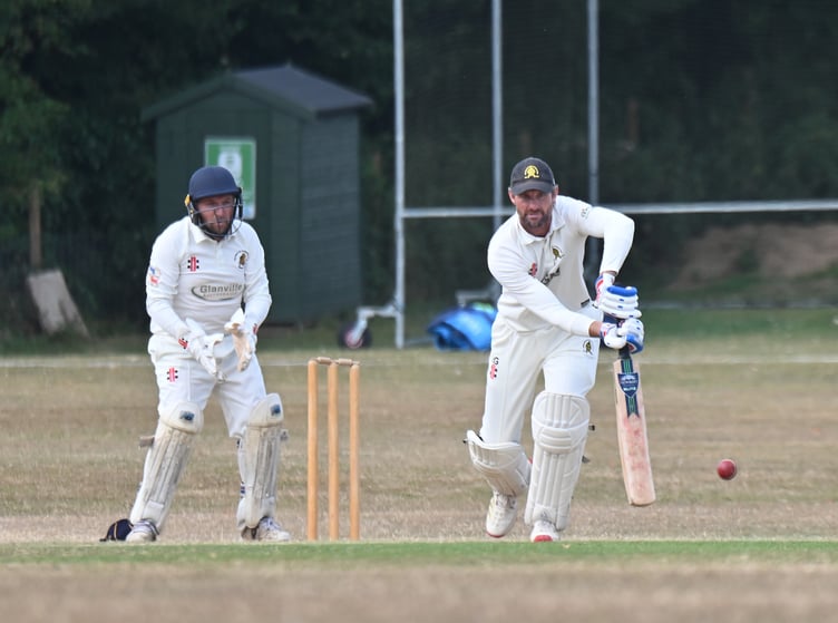 Devon Cricket League D Division West. Abbotskerswell 2nd XI versus Yelverton Bohemians 1st XI. Abbots' batsman Erik Gregersen and Yelverton 'keeper Chris Shutt