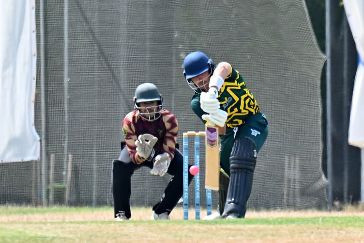 Devon Cricket League B Division.Bovey Tracey 2nd XI versus Stoke Gabriel 1st XI. Bovey batsman Sam Veal and Stole 'keeper Abhishek Anand