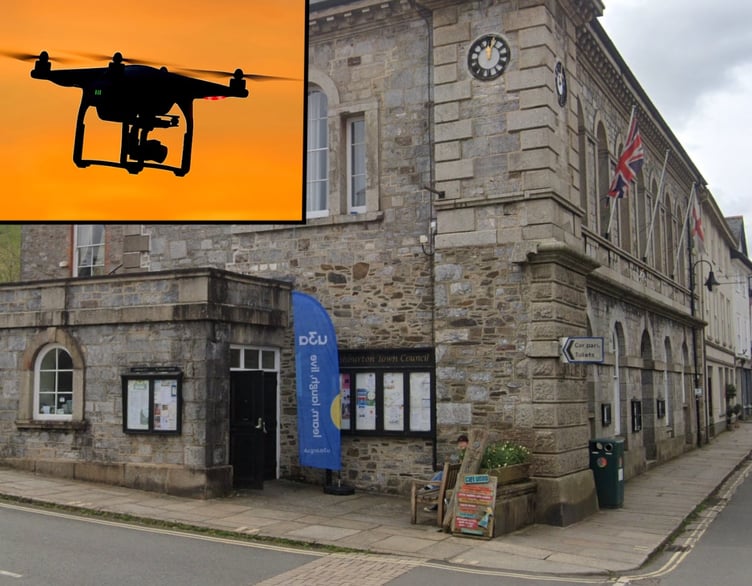 Ashburton Town Hall and inset, a drone