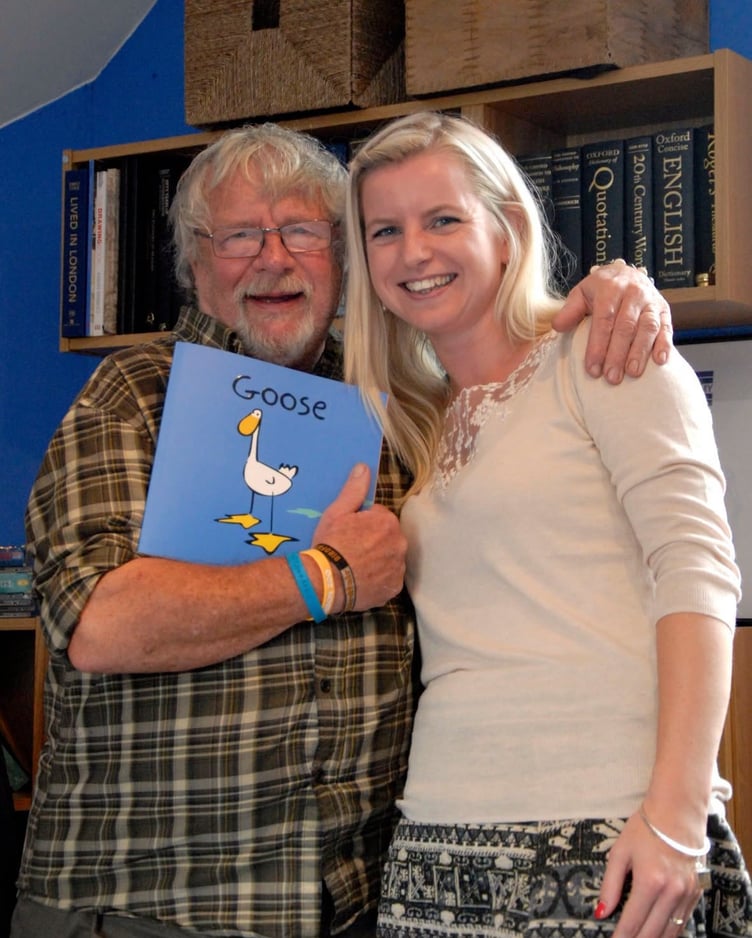 Artist and illustrator Laura Wall with Bill Oddie who narrated her book series Goose. Photo Laura Wall