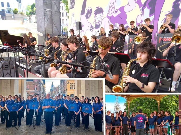 Flying the musical flag for Devon in Europe. Main picture: Devon Jazz Orchestra at the International Jazz Festival (and inserts) Devon Youth Wind Orchestra at the Menin Gate Memorial and Devon Youth Choir on a bandstand in Brittany