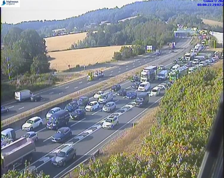Traffic queuing east-bound at Splatford Split this morning. Photo: Highways England
