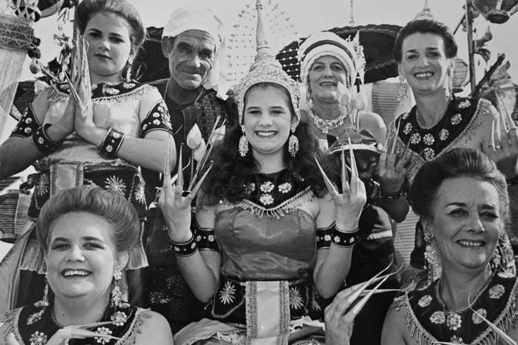 Staff from Pedricks Hairdressers celebrate the Thai festival Loy Krathong at Ashburton Carnival in July 1995