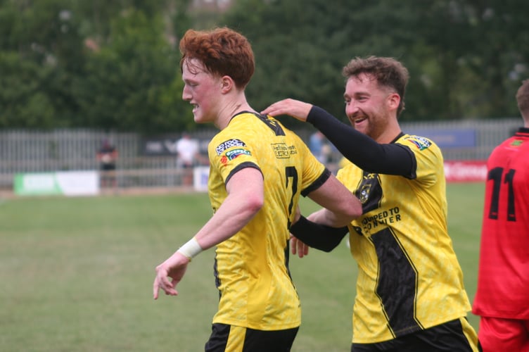 Jack Baxter (right) celebrates with Rafa Beadman after the latter's goal