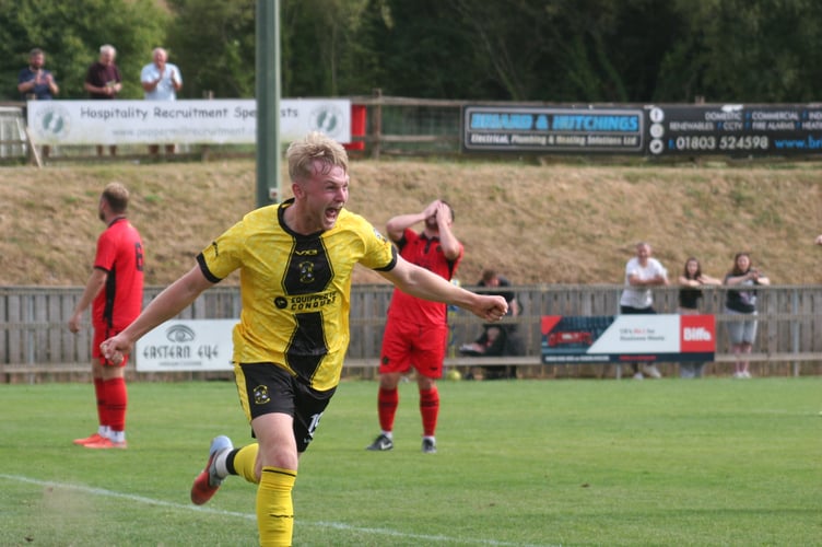 Sammy Stayt celebrates scoring Buckland's winner over Torpoint
