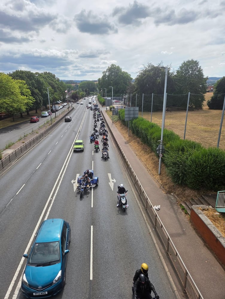 Convoy of bikes follows Sam Strachan's hearse to Exeter Crematorium. Photo Bev Paltridge
