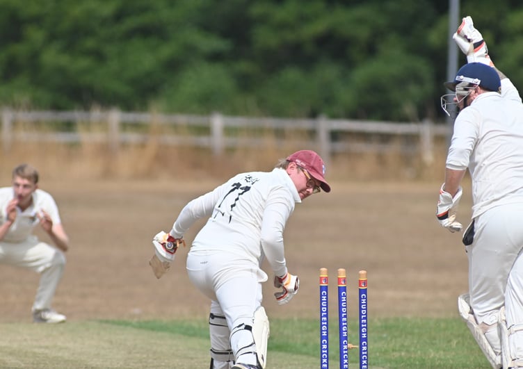 Devon Cricket League C Division West. Chudleigh versus Kingsbridge, Kingsbridge batsman Felix Iles stumped by Chudleigh 'keeper Nick Halse