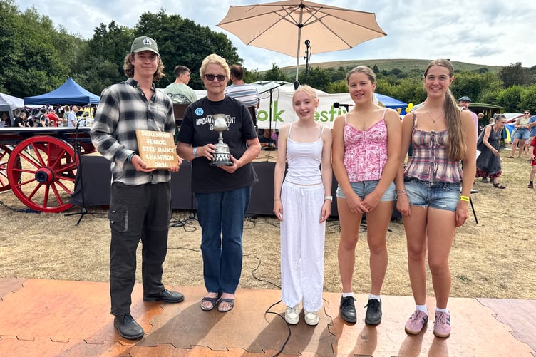 Junior Dartmoor Step Dance winner was George Twitchin (16), pictured with the President and runners-up. AQ 8122