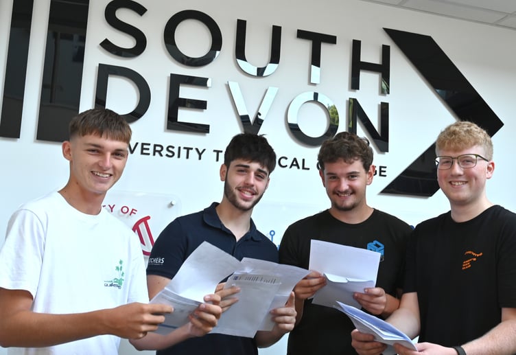A-Level results at South Devon University Technical College in Newton Abbot.
From left: Finley Stoyle, Nicolas Fernandez Collier, Samuel Halliday and Jacob O'Neill.
Something different for each of this foursome with Finley heading to Southampton Solent University to study Nautical Science as a deck officer on a cadet ship while Nicolas is going to Oxford Brookes University to study Motorsport Engineering with an eye to joining a Formula 1 team in the future.
An apprenticeship in scaffolding beckons for Sam Halliday and Jacob will be joining Devon County Coucil for a degree apprenticeship in civil engineering