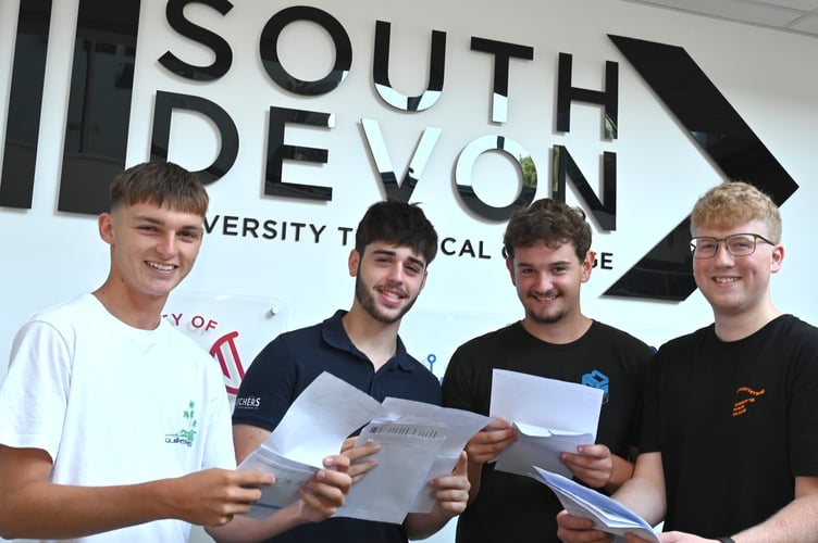 A-Level results at South Devon University Technical College in Newton Abbot.
From left: Finley Stoyle, Nicolas Fernandez Collier, Samuel Halliday and Jacob O'Neill.
Something different for each of this foursome with Finley heading to Southampton Solent University to study Nautical Science as a deck officer on a cadet ship while Nicolas is going to Oxford Brookes University to study Motorsport Engineering with an eye to joining a Formula 1 team in the future.
An apprenticeship in scaffolding beckons for Sam Halliday and Jacob will be joining Devon County Coucil for a degree apprenticeship in civil engineering