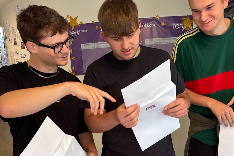 Students receiving their A level results at Teignmouth Community School