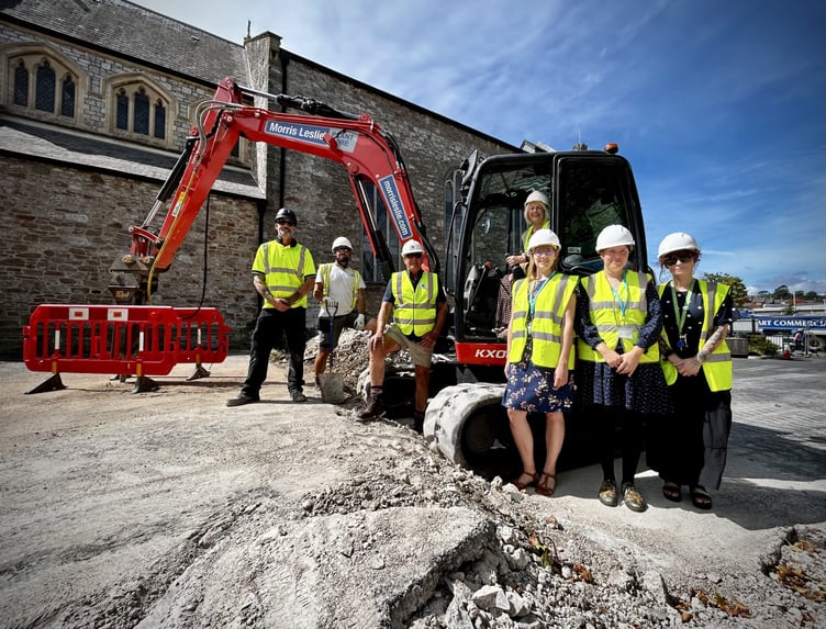 Construction work starts on Newton Abbot Museum extension.left-right Gary Bendelow, Kelmend Jata and Vince Thorne of Classic Builders, Cllr Louise Cooke in the digger, Museum Assistant Lucy Cokes, Curator Joanna Eccles and Deputy Town Clerk Sam Scott.
Photo supplied