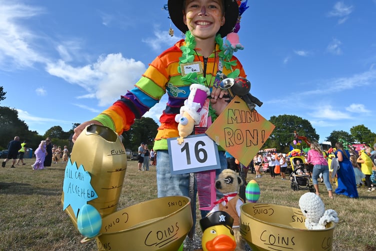 Moretonhampstead Carnival. Mini Ron - 10 year old Laiton Rickett - doing his bit to increase the charity coffers at this year's event