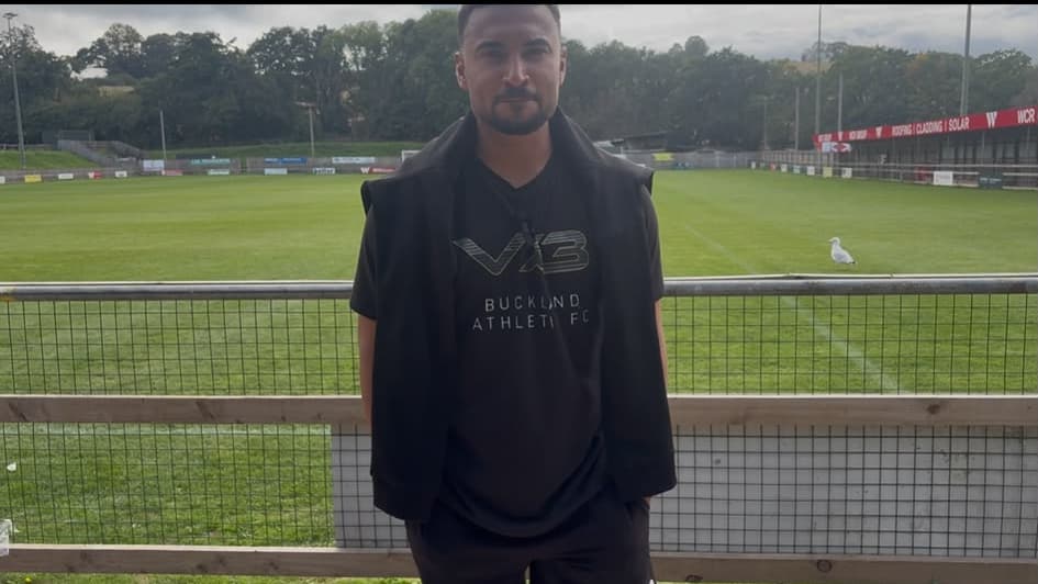 Buckland Athletic defender Myles James reacts to 3-1 win over Wells City