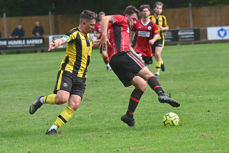 South Devon Football League. Division 1 match action from Bovey Tracey 2nds versus Beesands Rovers 1st. Five goals in total with Bovey taking a 3-2 win