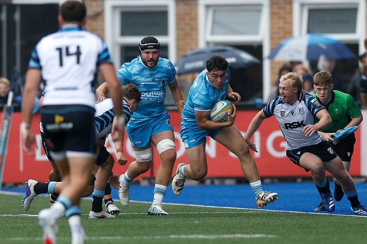 Exeter Chiefs hooker Louis Gulley tries to find a way through during Saturday's friendly with Cardiff