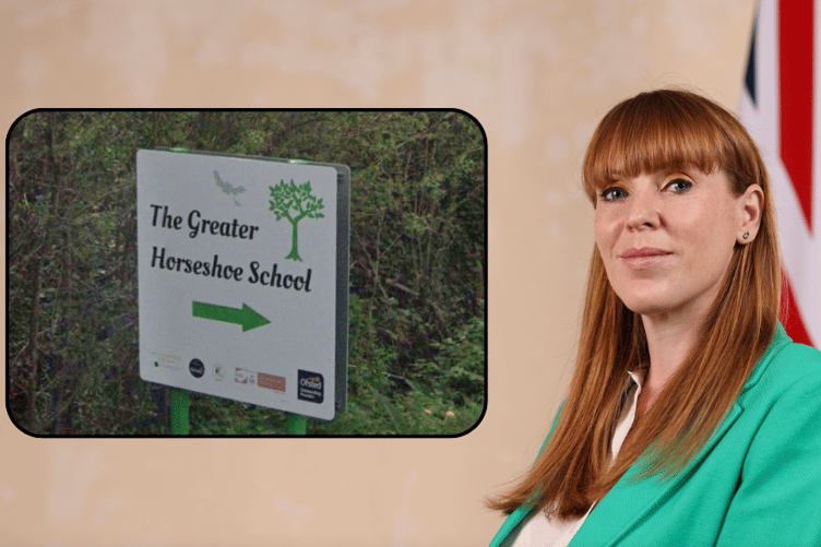 Background: Secretary of State for Housing, Communities and Local Government, MP Angela Rayner. Inset: The Greater Horseshoe School