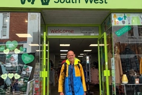 Nick Sant stopped off at Teignmouth's Children's Hospice South West shop during his fund raising coastal walk. Photo supplied
