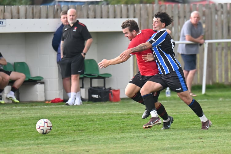 South Devon Football League Premier Division. Match action from Newton Abbot Spurs 2nds versus East Allington United. A 5-0 win for Spurs.