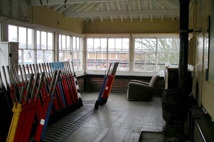 The top floor of the signal box at Torre Station - complete wih non-working signal levels