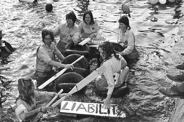 All at sea - one of he teams taking part in the 1972 Dawlish Carnival Raft Race