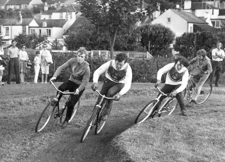 Cycle speedway racing at Kingskerswell in August 1972
