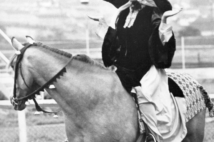 Mrs Millican plays the Wife of Bath in the South Devon Hunt's Pantomime on Horseback production of Chaucer's Canterbury Tales at Newton Abbot Racecourse in August 1972